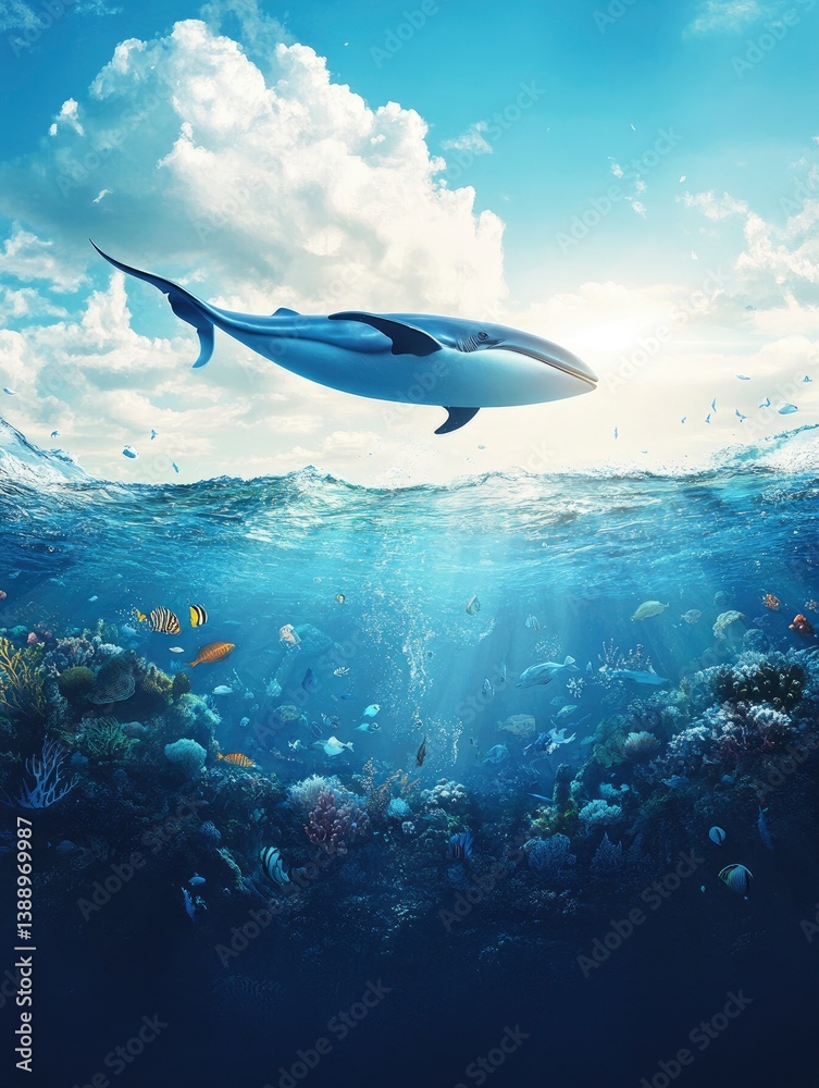 Obraz premium Whale Leaping Above Ocean with Underwater Coral Reef View