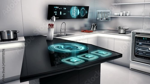 Futuristic smart home kitchen concept with advanced technology and modern appliances