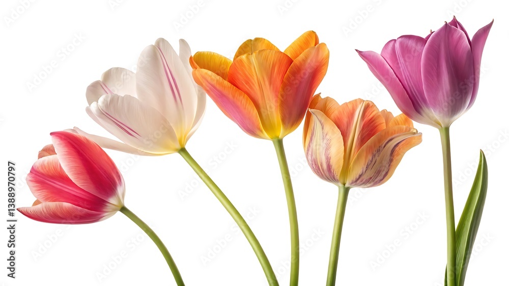 Fresh Tulip Bouquet on White, Minimalist Flower Composition for Spring Designs