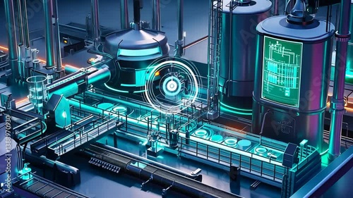 Futuristic industrial plant with advanced technology and glowing elements, automation process