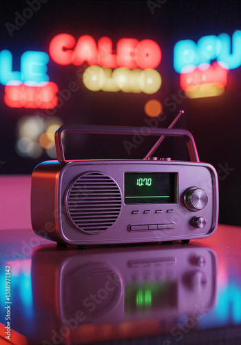 Retro radio with modern technology against neon lights background  