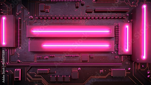 Abstract Circuit Board Animation with Glowing Pink Neon Lights, Futuristic Technology