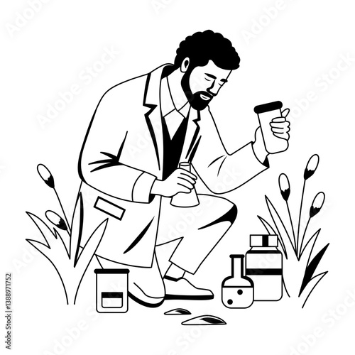 Environmental scientist doing experiment on plants, glyph style illustration 
