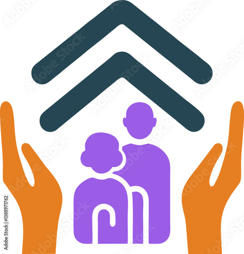 Illustration of elderly couple under a double roof with orange hands offering protection, symbolizing safety, care, health, and support in a comforting environment.