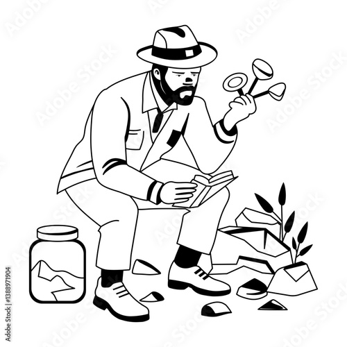A glyph style illustration of professional geologist taking sample of soil 
