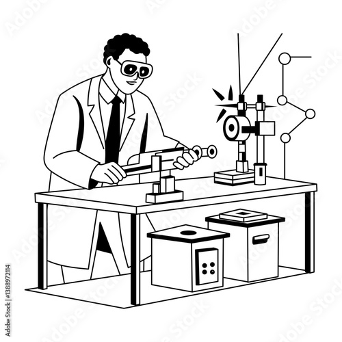A glyph illustration of optical engineer working in a lab 
