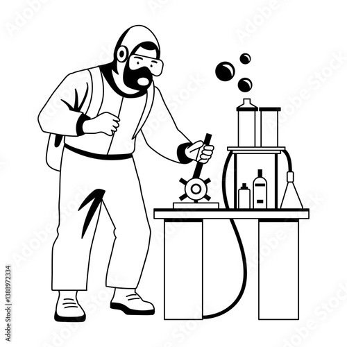 A glyph illustration of a character wearing a safety suit doing hazardous experiment 