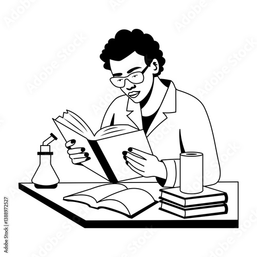 A glyph illustration of a student studying a book 
