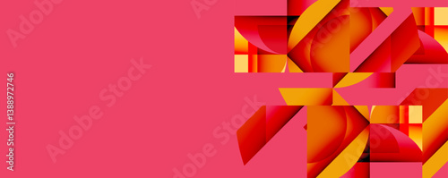 Bright pink background. Right side features abstract orange shapes, layered, geometric. Modern design, vibrant colors, dynamic composition.