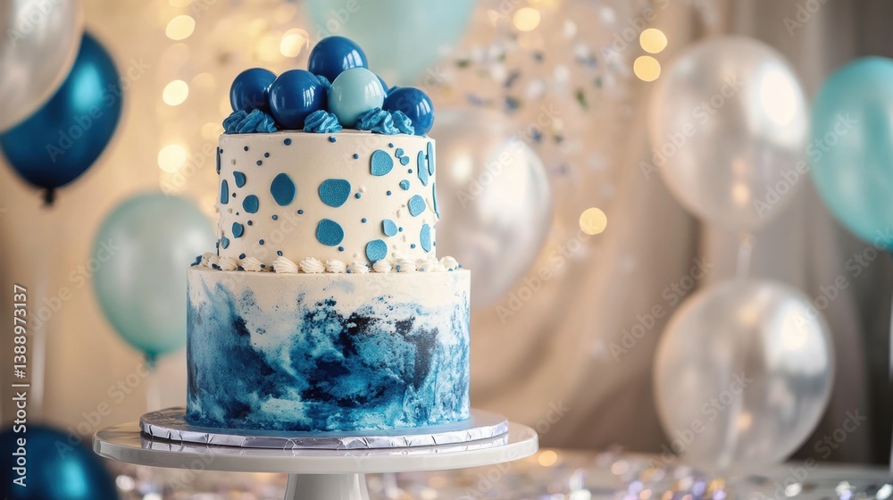 Elegant blue themed cake with balloons and lights celebration decor. International Cake Day Elegant blue themed cake with balloons and lights celebration decor. International Cake Day
