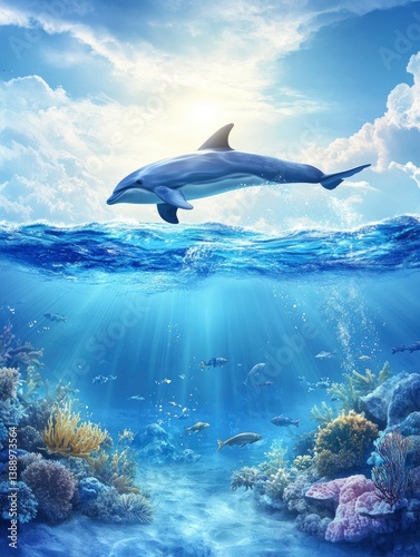 Wallpaper Mural Dolphin Jumping Above Ocean Surface with Underwater Coral Reef View Torontodigital.ca