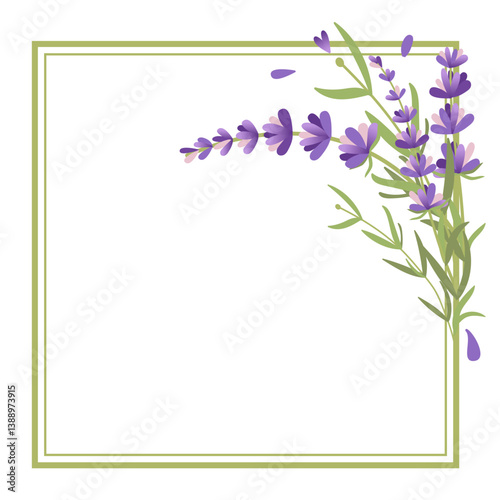 Vector illustration of a minimalistic square frame with lavender flowers on the corner. Perfect for invitations, greeting cards, or decorative purposes.