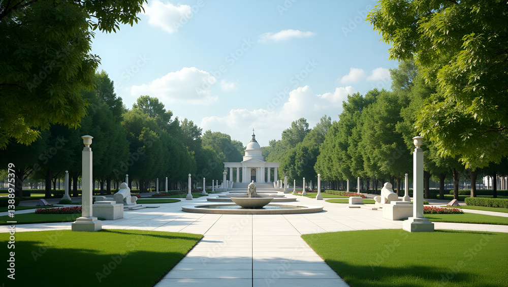 Fototapeta premium Explore refined scenic imagery of veterans' memorial parks, showcasing solemn monuments and landscaped pathways for public commemoration.