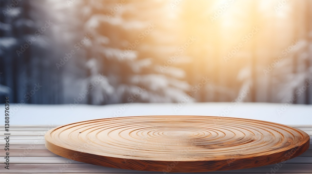 Obraz premium Wooden Round Tabletop Mockup with Blurred Winter Forest Background