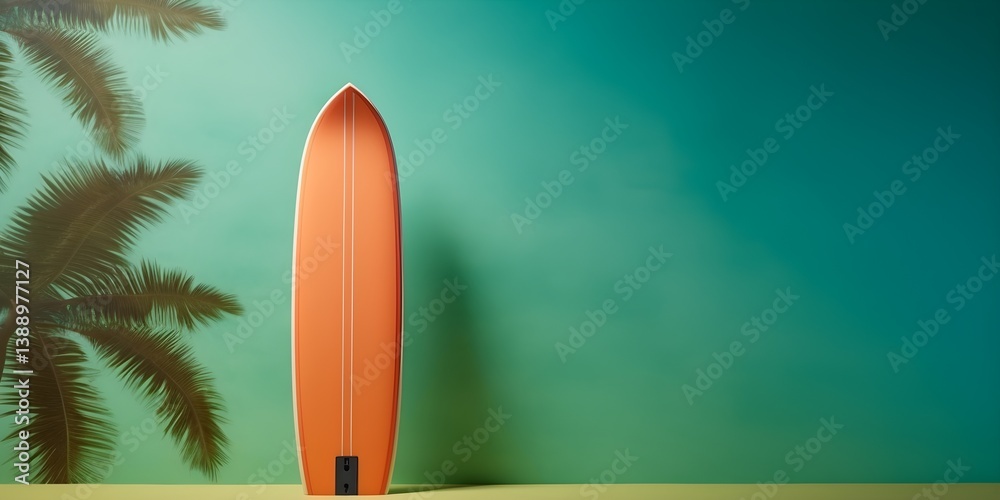 Fototapeta premium Orange Surfboard with Palm Tree Silhouette on Teal Green Background