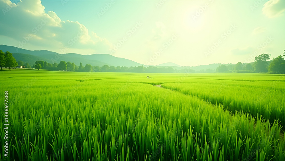 Fototapeta premium Explore meticulously curated photo stock of fresh green landscapes, featuring expansive fields and dynamic foliage that embody ecological sustainability.