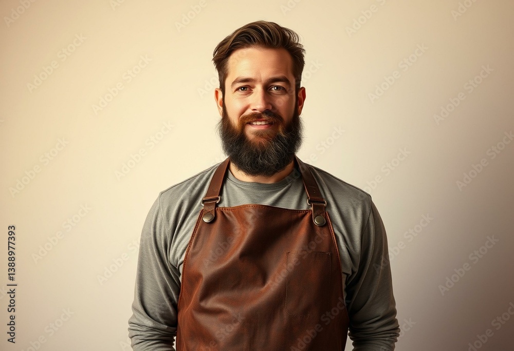 Fototapeta premium Photorealistic natural light portrait of a man with a beard and leather apron