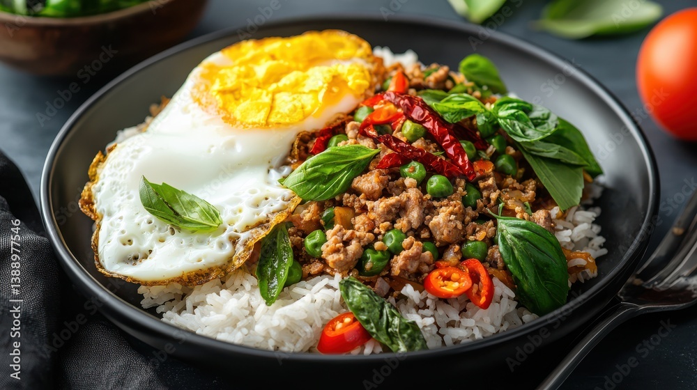 Delicious Bowl of Rice with Savory Meat Fresh Tomatoes and Cooked Egg Delicious Bowl of Rice with Savory Meat Fresh Tomatoes and Cooked Egg