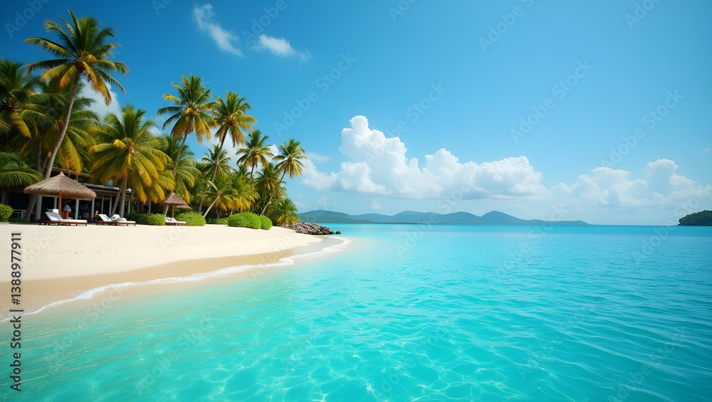 Fototapeta premium Showcase tropical vacations start with breathtaking beach scenes refined resort settings and dynamic water activities that evoke leisure adventure and sophisticated escape in exotic locales for discer