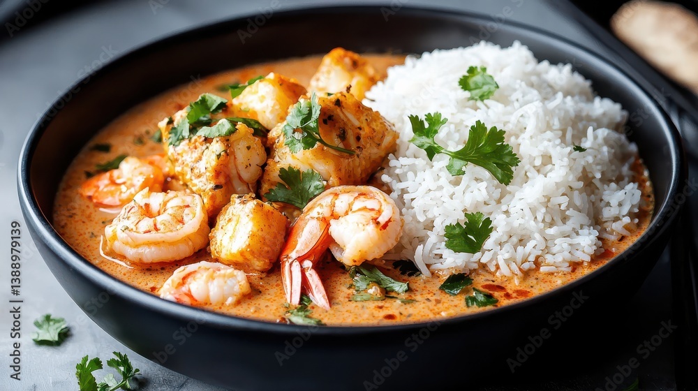 Delicious Bowl of Shrimp Curry with Fragrant Rice and Fresh Ingredients Delicious Bowl of Shrimp Curry with Fragrant Rice and Fresh Ingredients