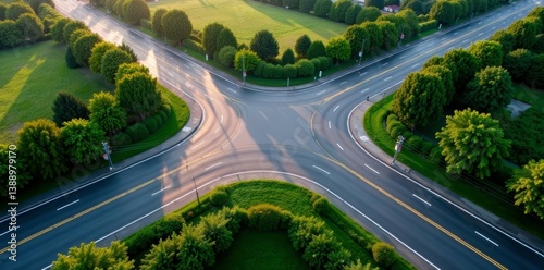 High angle shot of large intersection with curved road, busy, drone