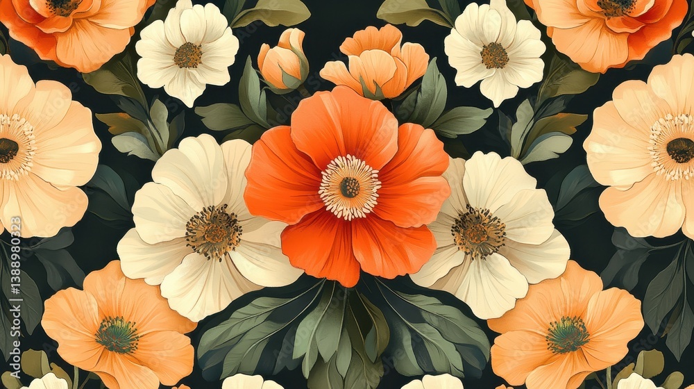 custom made wallpaper toronto digitalColorful floral pattern with vibrant orange and cream flowers on dark background
