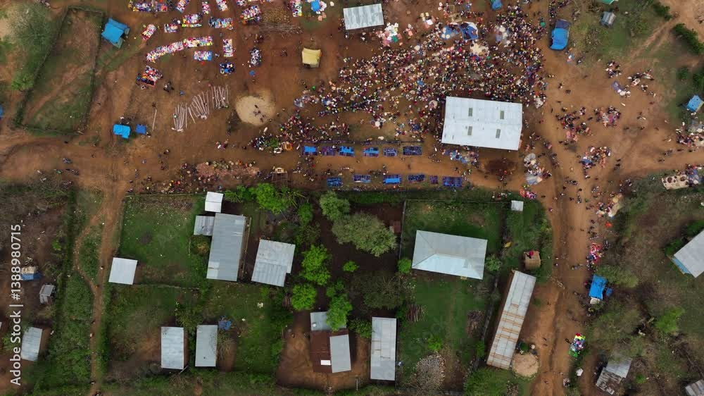 Kako Tribal Market Day In The Lower Omo Valley, Ethiopia. Aerial Topdown Shot Kako Tribal Market Day In The Lower Omo Valley, Ethiopia. Aerial Topdown Shot
