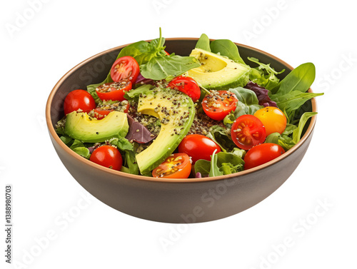 Close up of a salad with avocado tomatoes and greens in a brown bowl on a on transparent background