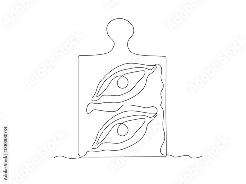 Abstract Khachapuri traditional food, Adjarian and Georgian dish. Baked bread with cheese and egg on the cutting board. continuous single one line art hand drawing sketch logo