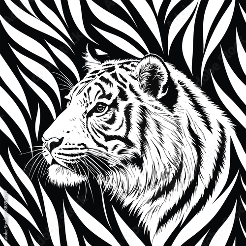 Seamless Tiger Stripe Pattern with Tiger Head Illustration in Center – Black and White Vector