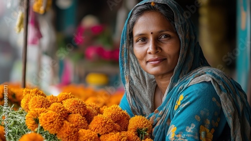 Smiling mature asian female flower vendor with marigold display in traditional attire