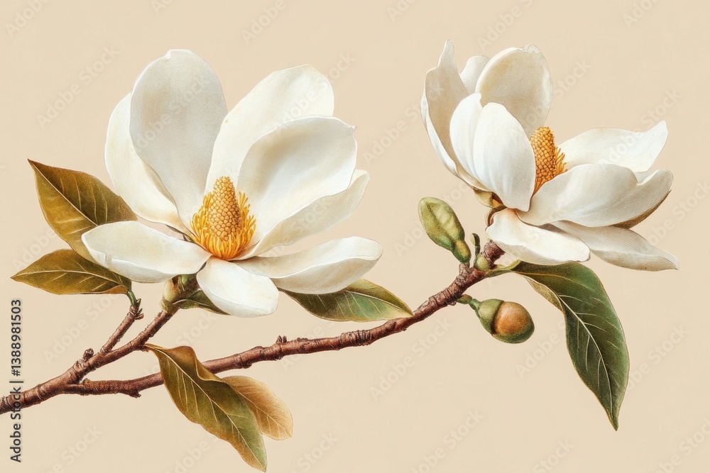 Obraz premium Elegant magnolia blossom art piece with detailed petals and branch on a serene beige background capturing botanical beauty and vintage charm