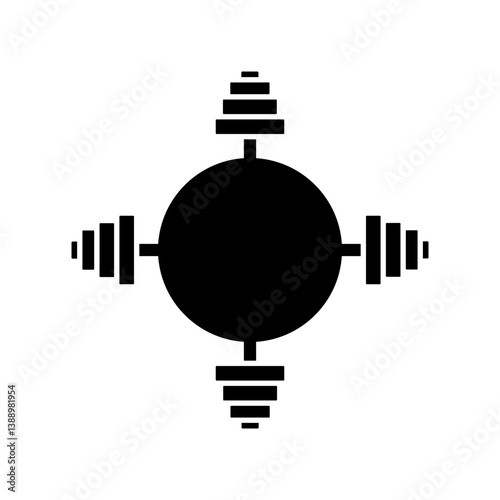 Two crossed barbells with an empty circle in the center. Vector illustration on white background. 