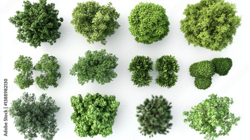 Top view of trees and bushes isolated on a white background, flat lay, 3D rendering, high definition, no blur effect, no gradient shading, high resolution, no shadowing, no bokeh, no reflections, Top view of trees and bushes isolated on a white background, flat lay, 3D rendering, high definition, no blur effect, no gradient shading, high resolution, no shadowing, no bokeh, no reflections,