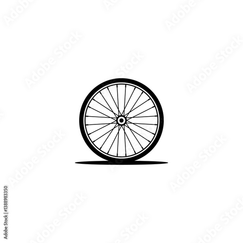 Bicycle wheel. Vector illustration. Drawing of one bike wheel with shadow. Logo and icon on white background.