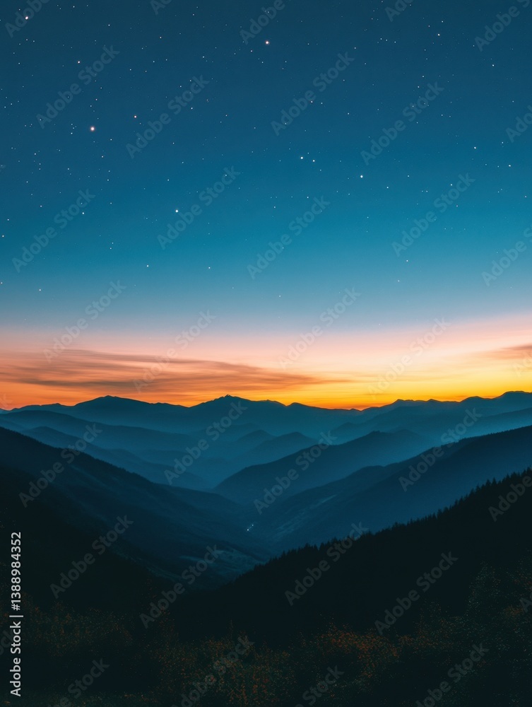 Obraz premium Majestic mountain range silhouette under a vibrant twilight sky filled with twinkling stars scenic vista
