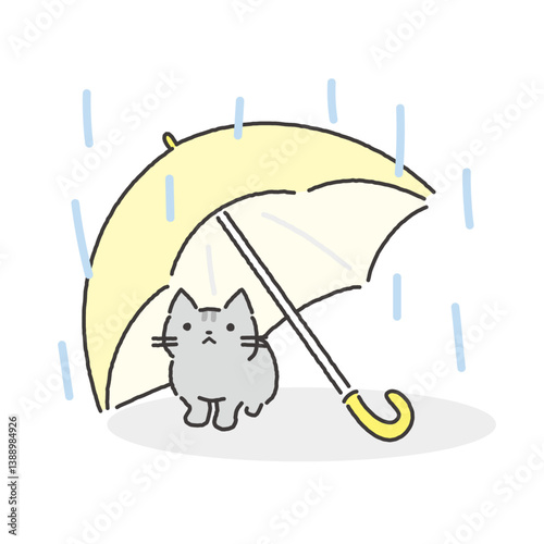 梅雨の雨を傘の下で雨宿りする猫イラスト