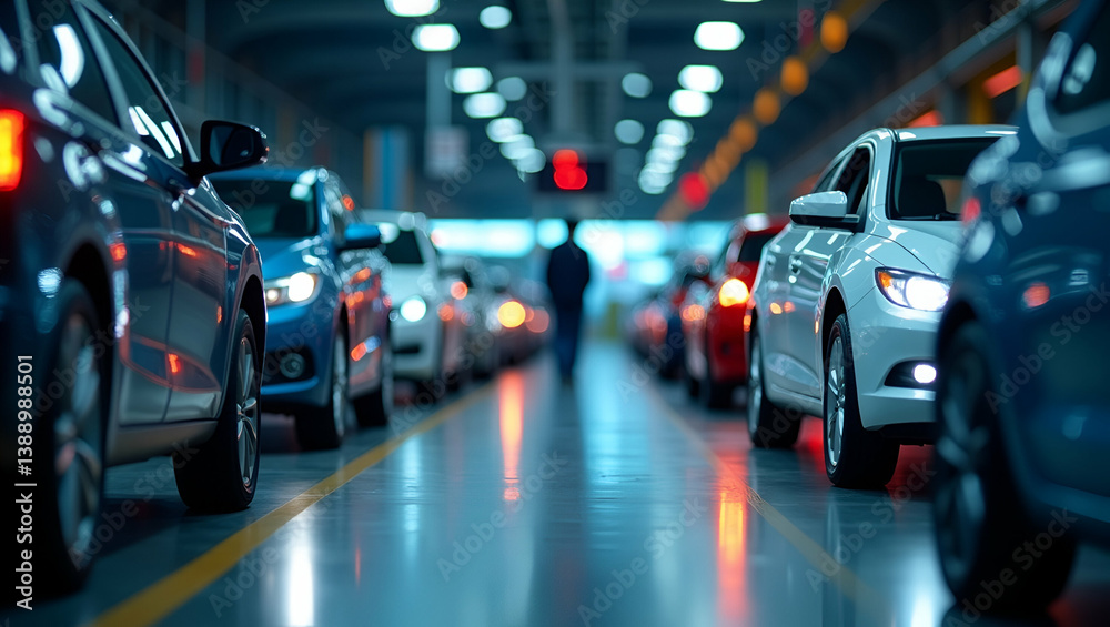 Fototapeta premium Visualizing Trade War Impacts: Auto Industry Manufacturing Shifts, Supply Chain Realignments, and Innovation in Vehicle Production for Corporate Media Use