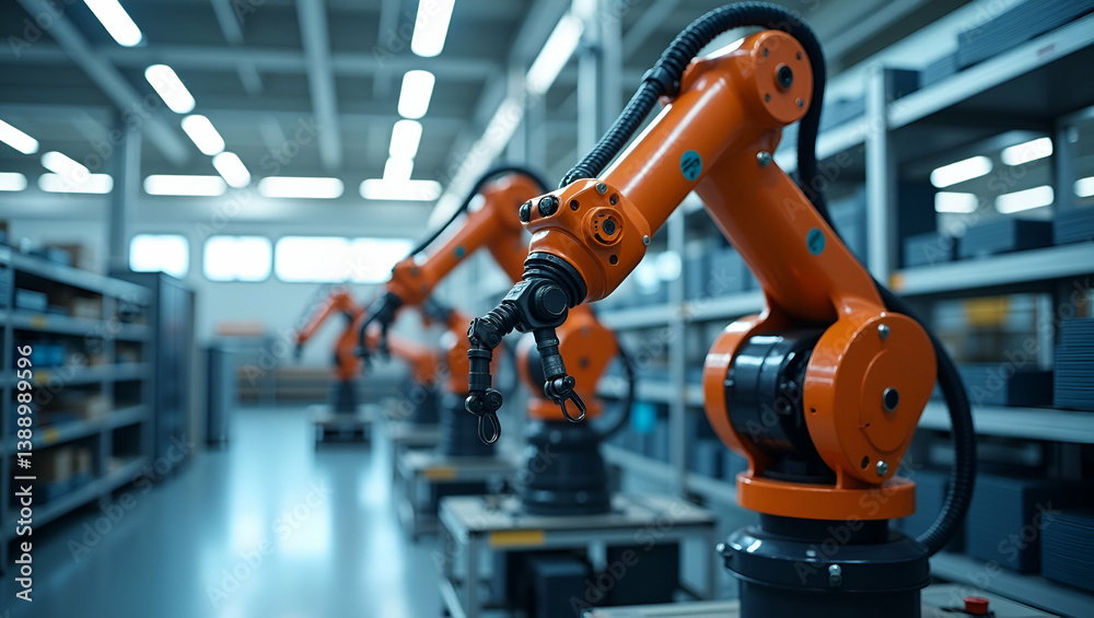 Advanced Industrial Robotic Arms: Precision Mechanical Design & Integrated Control Systems for Optimized Manufacturing Automation - Stock Photo Concept with Left Space Advanced Industrial Robotic Arms: Precision Mechanical Design & Integrated Control Systems for Optimized Manufacturing Automation - Stock Photo Concept with Left Space
