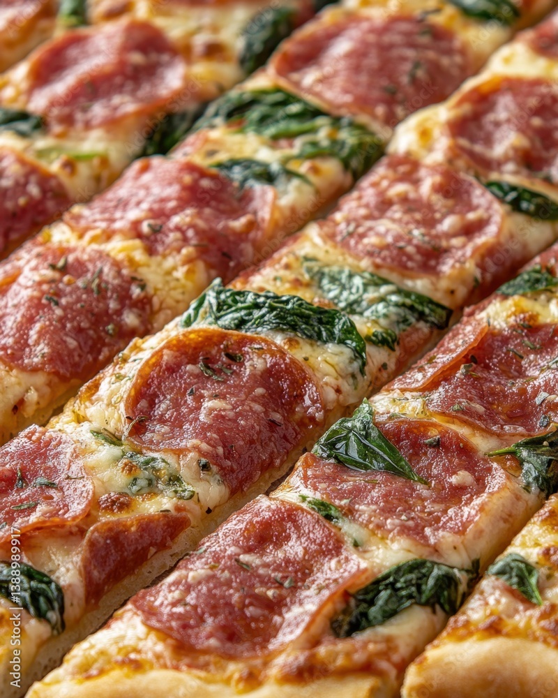 Delicious Rectangular Pizza Slices Topped with Pepperoni and Fresh Spinach Leaves in a Close Up Shot Delicious Rectangular Pizza Slices Topped with Pepperoni and Fresh Spinach Leaves in a Close Up Shot