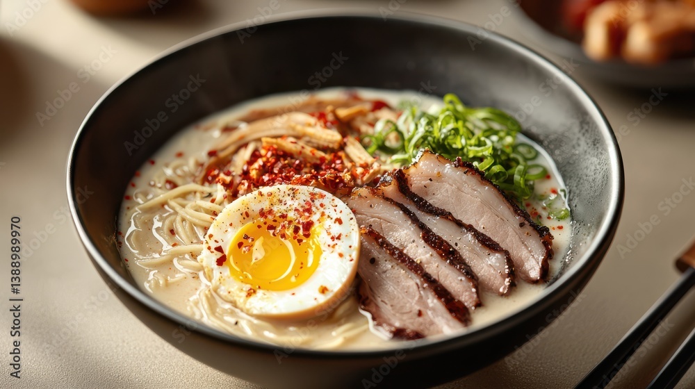 Delicious Bowl of Steaming Ramen Noodles Garnished with Fresh Herbs