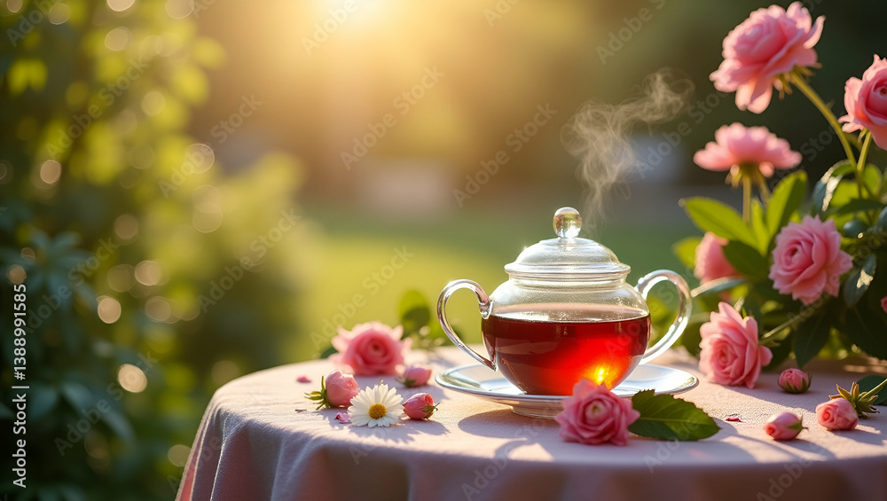 Fototapeta premium Enchanting Garden Tea Setting: Vintage Teaware, Floral Backdrops & Natural Light for Serene Outdoor Gatherings - Photo Stock Concept with Empty Space