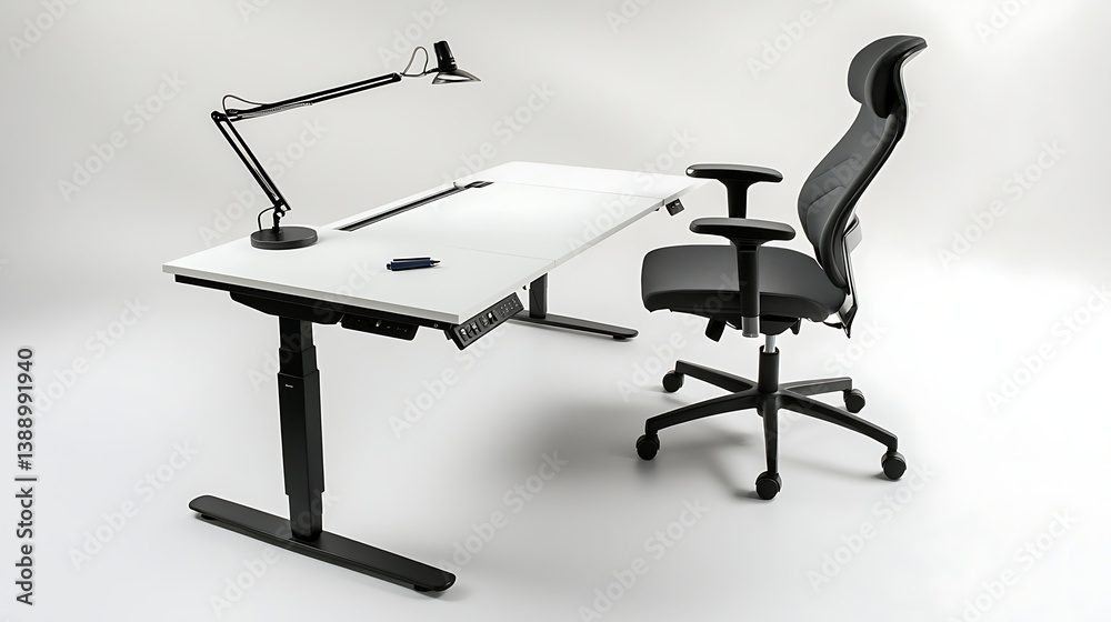 A black and white office desk with a lamp and a black chair A black and white office desk with a lamp and a black chair