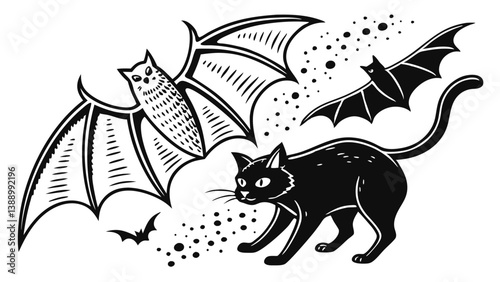 Halloween cat illustration infused with surreal, psychedelic vibes. Featuring retro stippling techniques and grunge textures, this design blends old-school inking with modern experimental chaos vector