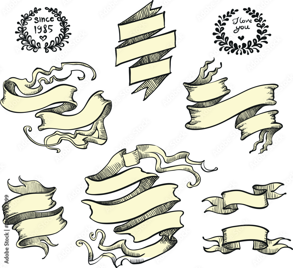 Ribbon flat set. Simple retro ribbons collection. Vintage graphic blank tape template. Elegant modern swirling stripe. Curled blank heading banner, title decoration, badge, text frame emblem. Vintage