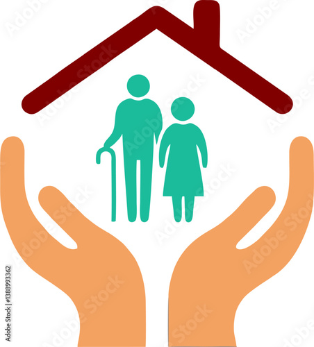 Vector image of an elderly couple standing under a red roof and protected by orange hands, representing care, safety, and support for senior citizens in a secure environment.
