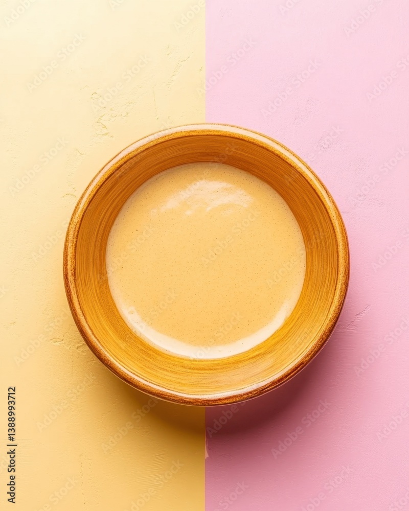 Creamy yellow soup in a rustic bowl on a pastel yellow and pink background flat lay view Creamy yellow soup in a rustic bowl on a pastel yellow and pink background flat lay view
