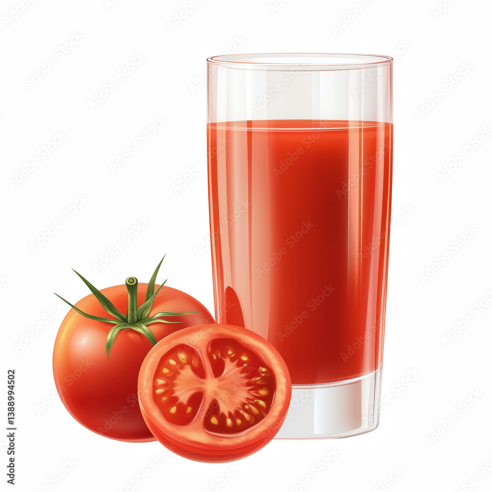 Realistic illustration of a tall transparent glass filled with fresh red tomato juice, healthy vegetable drink with whole and sliced tomatoes isolated on transparent background Realistic illustration of a tall transparent glass filled with fresh red tomato juice, healthy vegetable drink with whole and sliced tomatoes isolated on transparent background