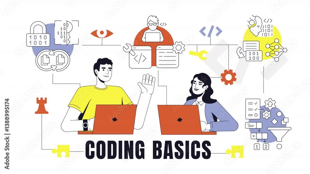 Coding basics 2D banner animation. Diverse students learning programming at laptops. Web development class. Animated text idea with thin line icons, cartoon flat characters concept HD video Coding basics 2D banner animation. Diverse students learning programming at laptops. Web development class. Animated text idea with thin line icons, cartoon flat characters concept HD video