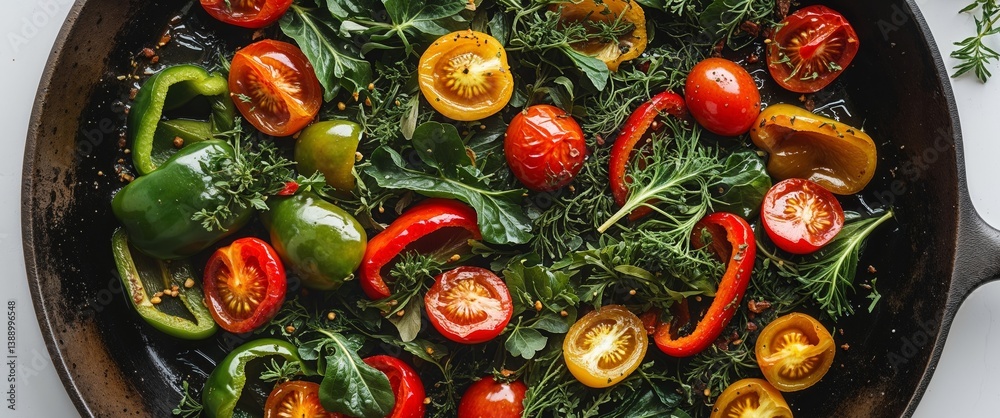 Fototapeta premium Rustic top down view of cast iron skillet filled with colorful roasted vegetables including bell peppers and cherry tomatoes with rich seasoning